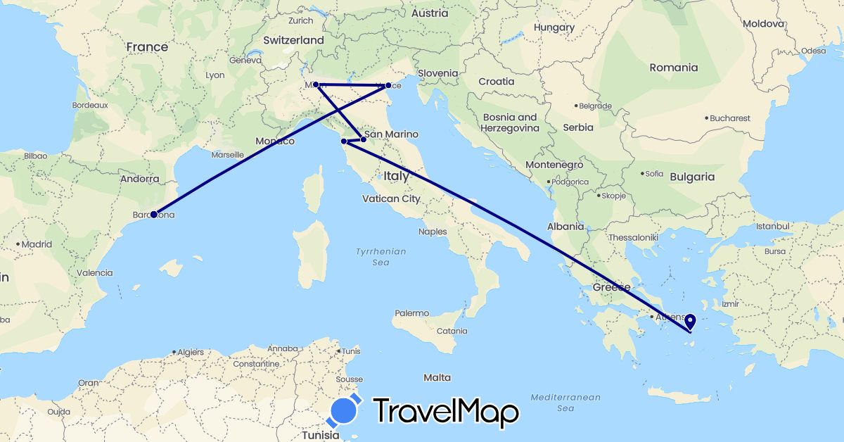 TravelMap itinerary: driving in Spain, Greece, Italy (Europe)